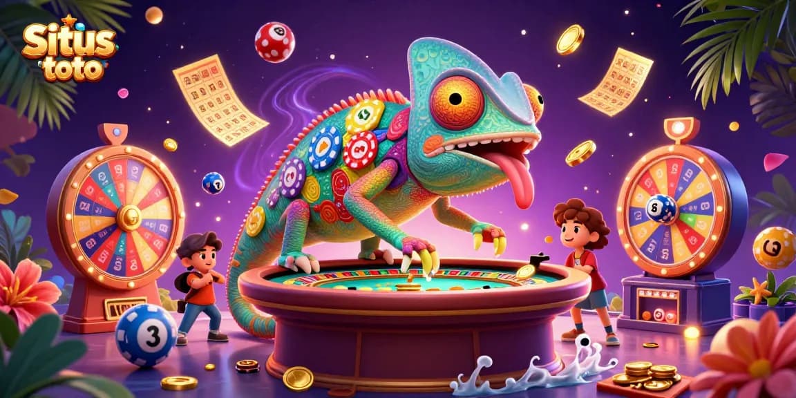 Menang di Situs toto dengan simbol warna-warni bola lotere dan koin emas yang berjatuhan.