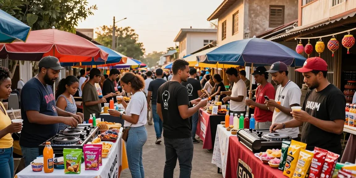 DJARUM BOS vendors engaging customers at a lively market.