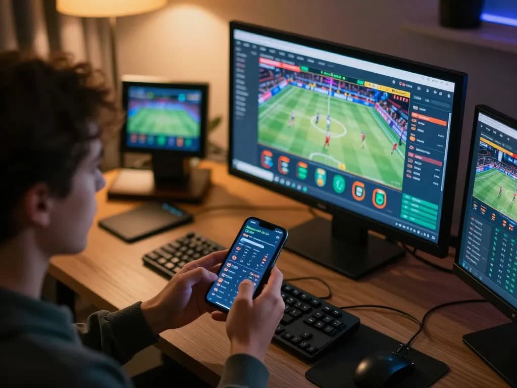 Engaging in online sports betting at https://socolivees.tv/ with live odds and match stats visible, set in a modern home.