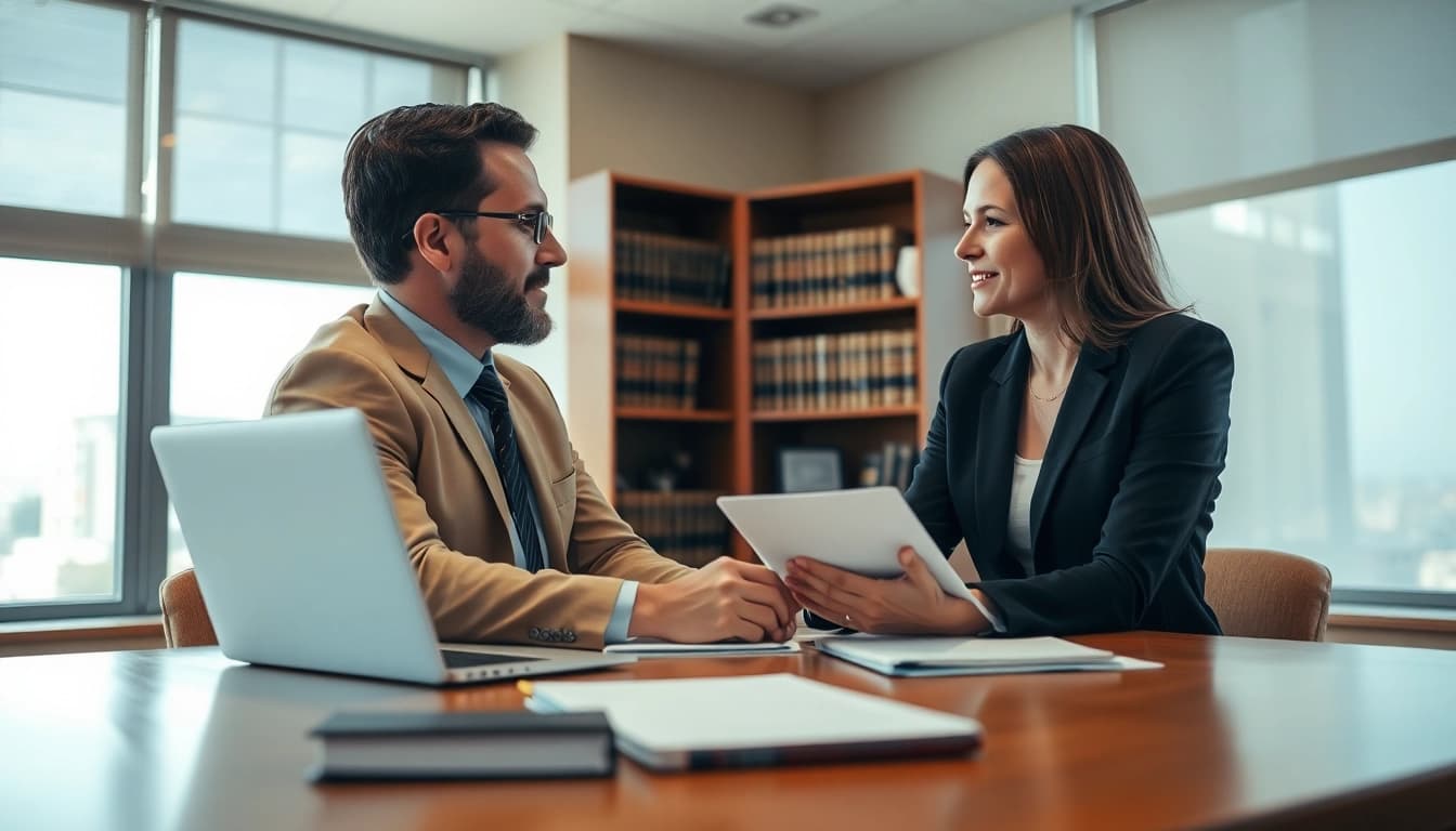 South Dakota truck accident lawyer counseling a client in a warm law office setting.