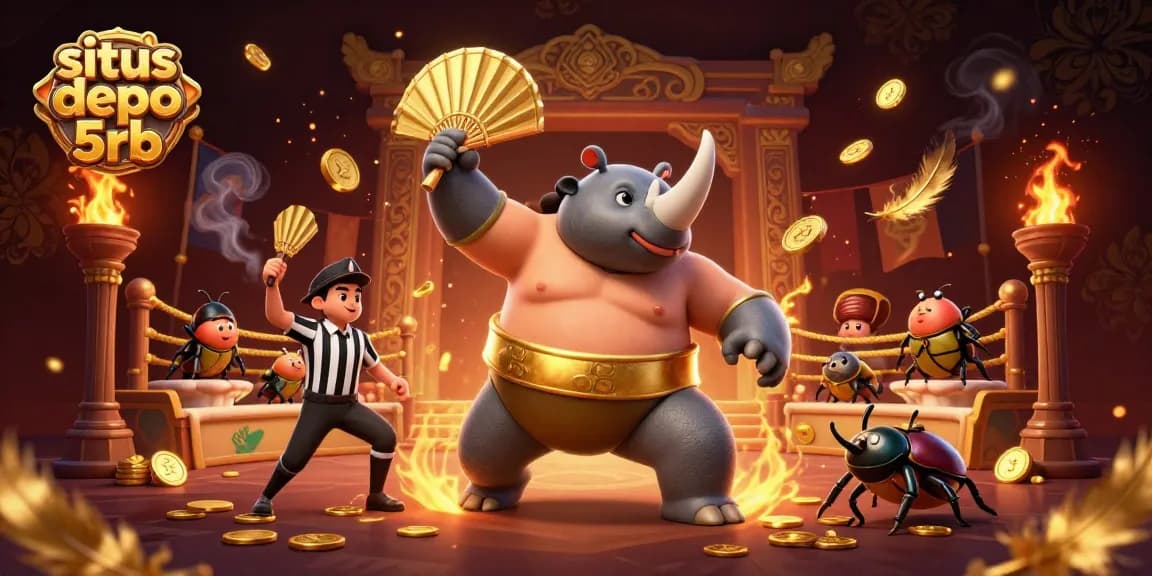 Engage with situs depo 5rb gaming featuring a vibrant beetle sumo showdown amidst flying coins and slot elements.