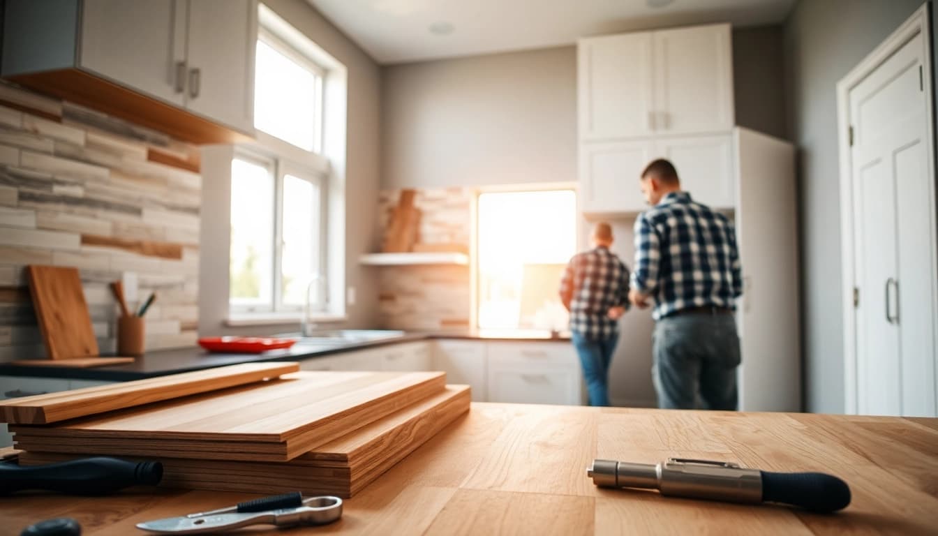 Visualize a dynamic home renovation focusing on a modern kitchen upgrade featuring craftsmen at work.
