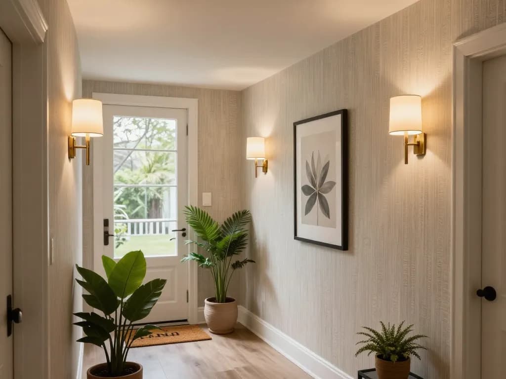 Stylish hallway light fixtures illuminating a modern entryway with wall sconces and decor elements.