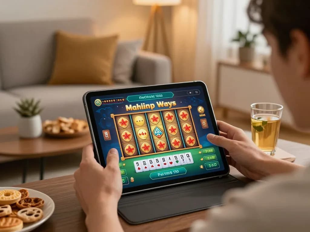 Playing Mahjong Ways online slot with excitement in a cozy home setup, capturing dynamic betting moments.