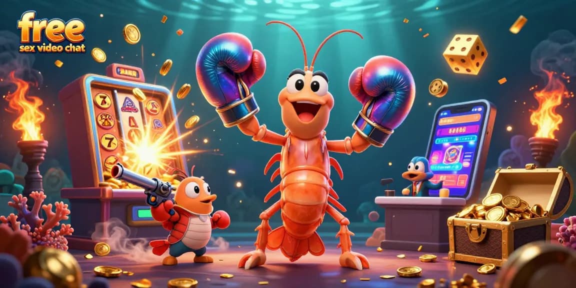 Engage in free sex video chat with animated shrimp characters in a lively casino setting.