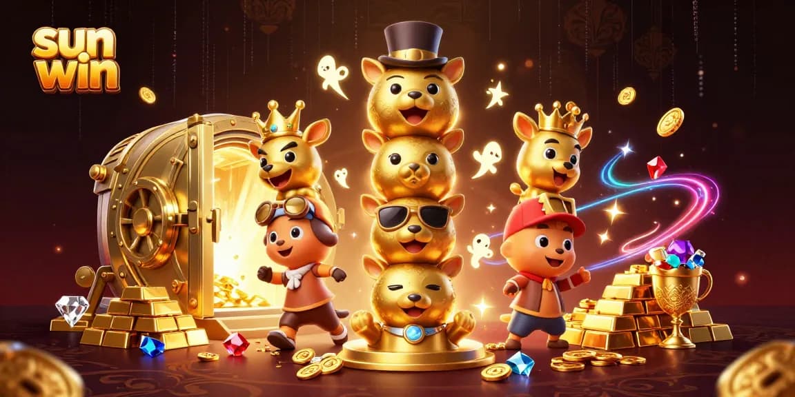Experience the excitement of sun win with a vibrant 3D casino scene featuring golden treasures and playful totem poles.
