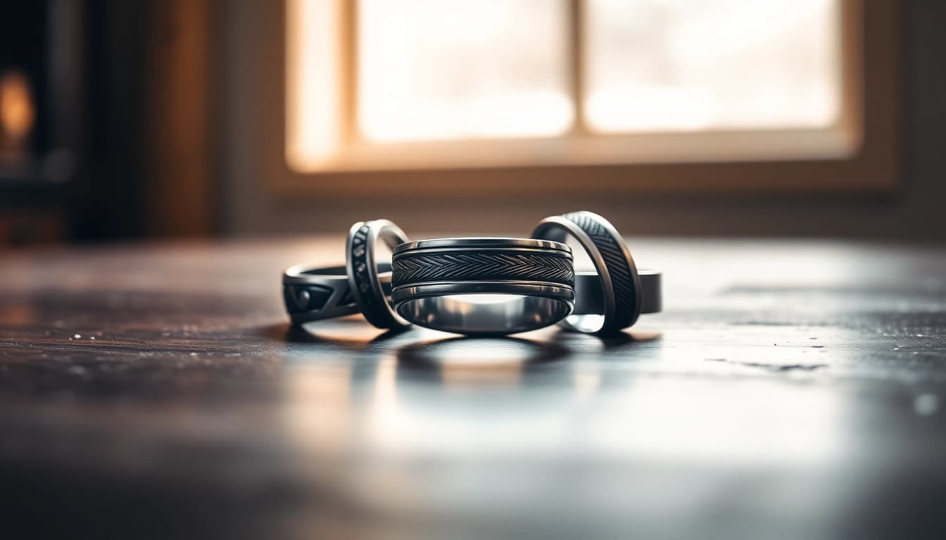 Explore the elegance of Gunmetal Wedding Bands for Men showcased against a polished wooden backdrop.
