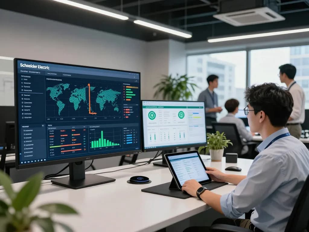 Engineers analyzing Schneider Electric's energy dashboard in a modern control room.