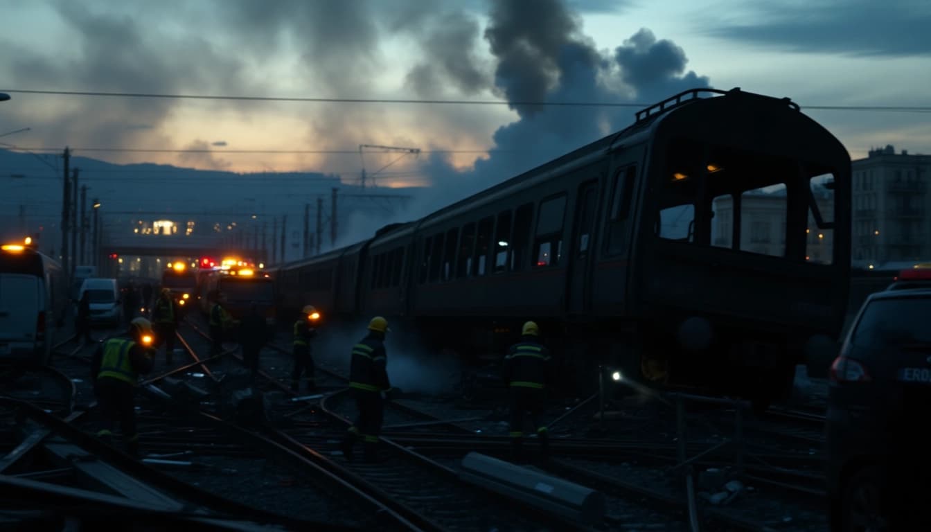 spain train crash site with emergency responders aiding survivors amidst wreckage.