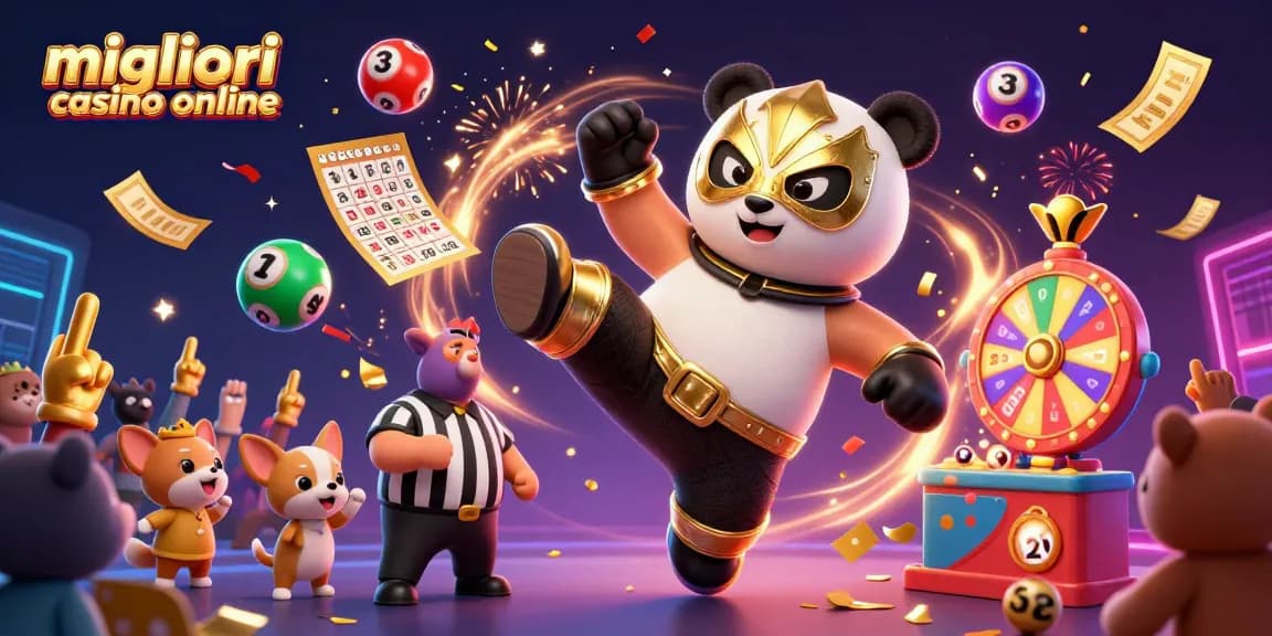 Immagine che mostra le migliori casino online con panda wrestler e animali da' tifo, giochi di fortuna e festeggiamenti.