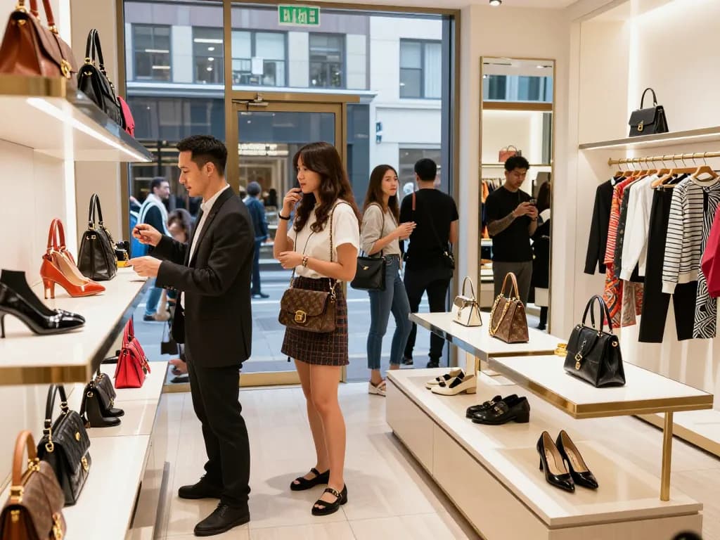 Vibrant 레플리카 쇼핑몰 scene filled with stylish shoppers exploring luxury replica fashion items, capturing a lively urban shopping atmosphere.