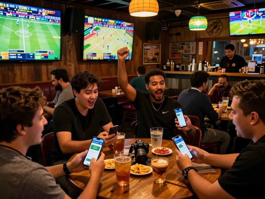 Experience the excitement of betting on fb88 in a lively sports bar with patrons enjoying dynamic gameplay.