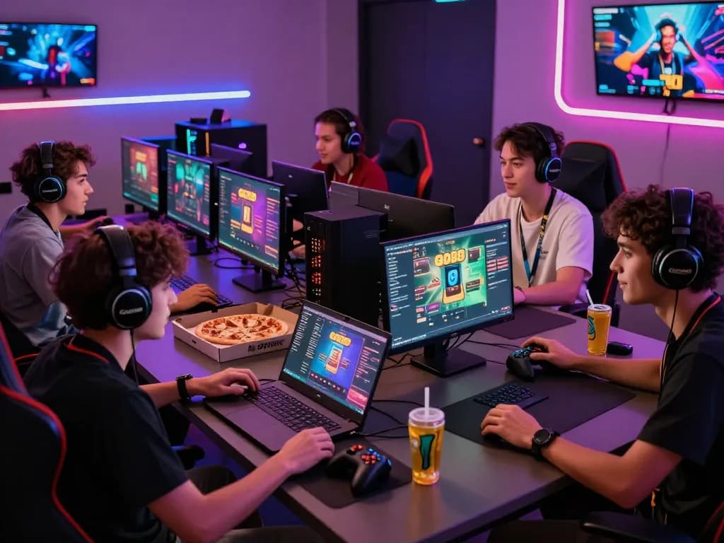 Friends immersed in go88 gaming session with vibrant screens and snacks.