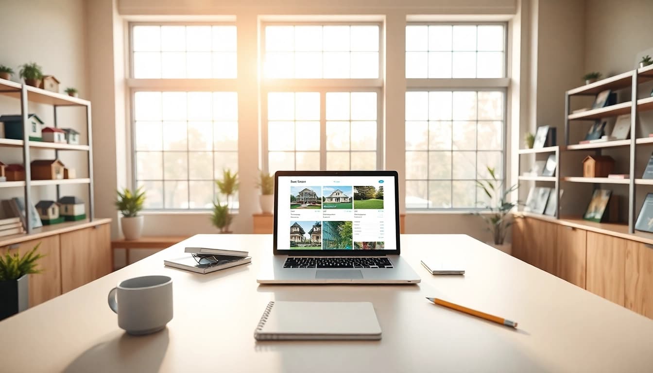 Real Estate office showcasing a professional workspace with home listings and a welcoming atmosphere.
