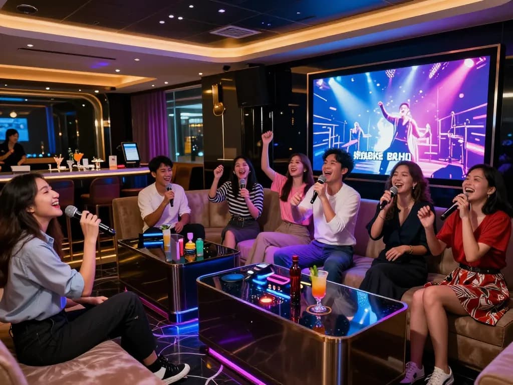 www.gangnamtune.com/runrabbit의 흥미진진한 노래방 밤 분위기, 화려한 조명과 즐거운 손님들로 가득한 모습.