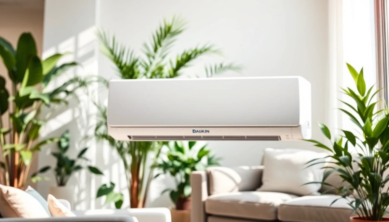 Efficient daikin mini split ac unit enhances a modern living room with natural light and indoor plants.
