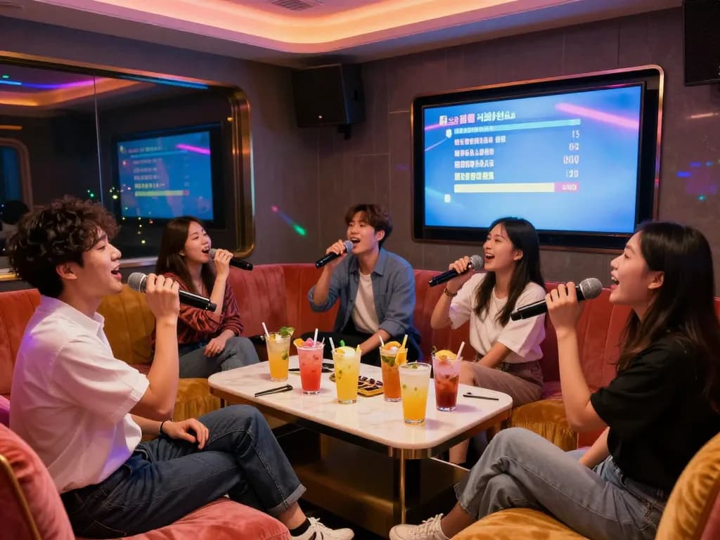 서구청쓰리노 노래방에서 활기찬 밤을 즐기는 친구들, 생동감 넘치는 분위기를 보여줍니다.