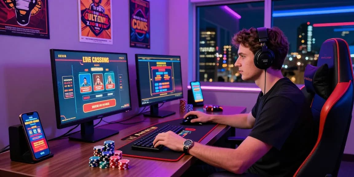 Engaged player exploring top credit card casinos in a vibrant online gaming setup, excitement radiating from a lively environment.