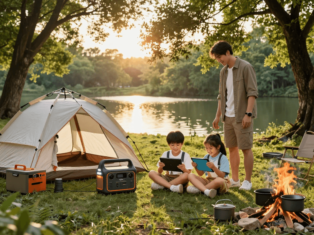 Family using an OEM portable power station while camping in the forest, charging devices and enjoying nature.