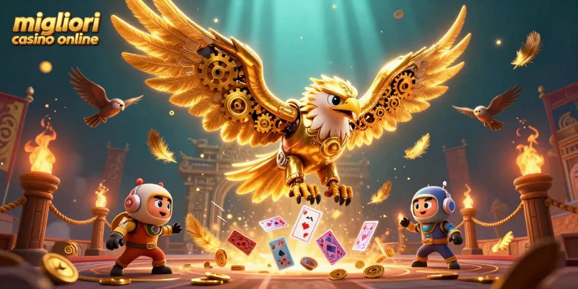 Scopri i migliori casino online attraverso un'audace illustrazione 3D di un'aquila dorata in azione.