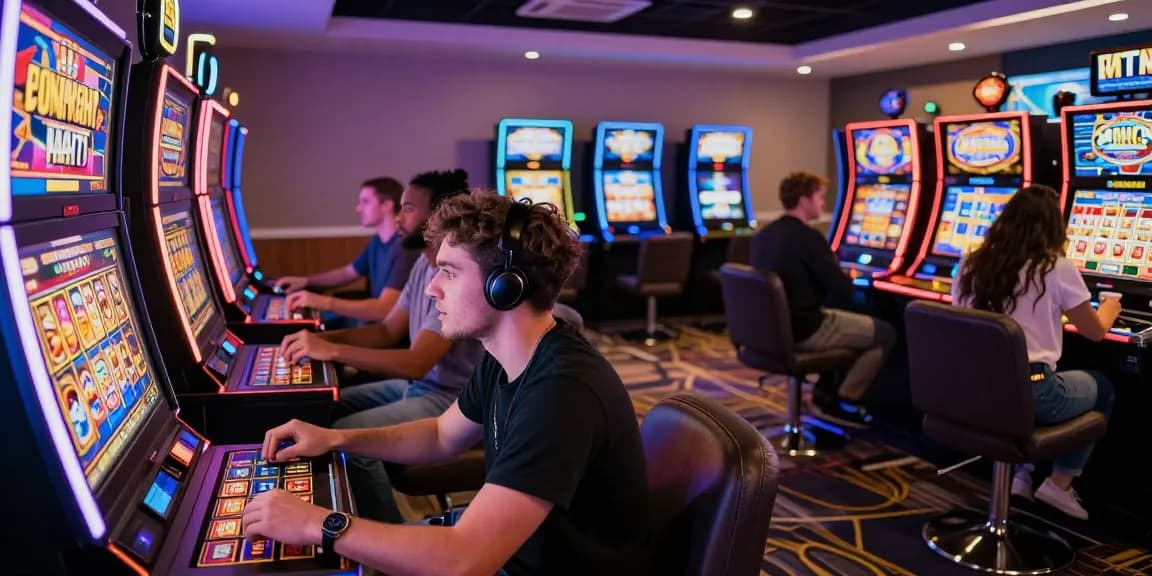 Friends joyfully playing slot machines in a vibrant casino setting
