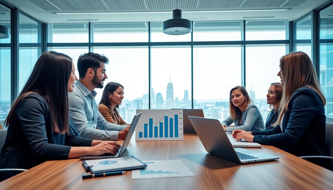 Business professionals collaborating in a modern office environment, emphasizing teamwork.