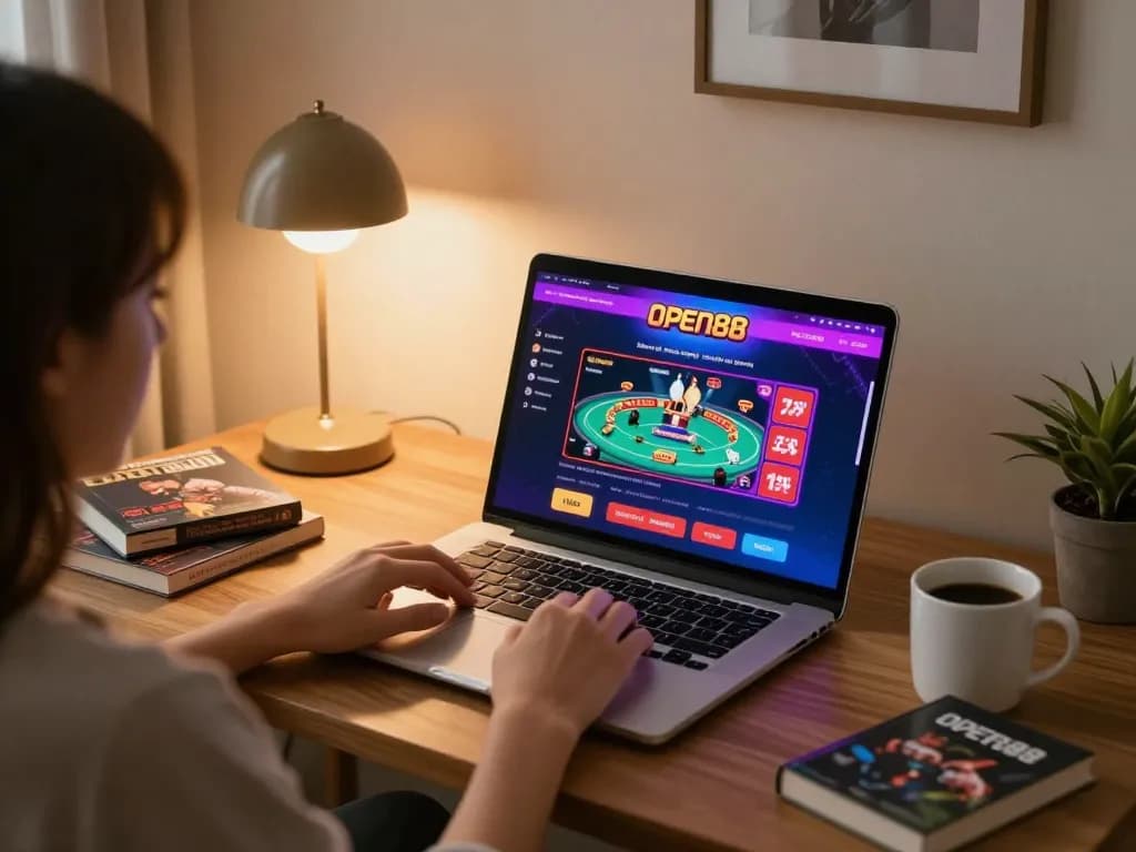 open88 user engaging in online poker strategy at home with warm lighting.
