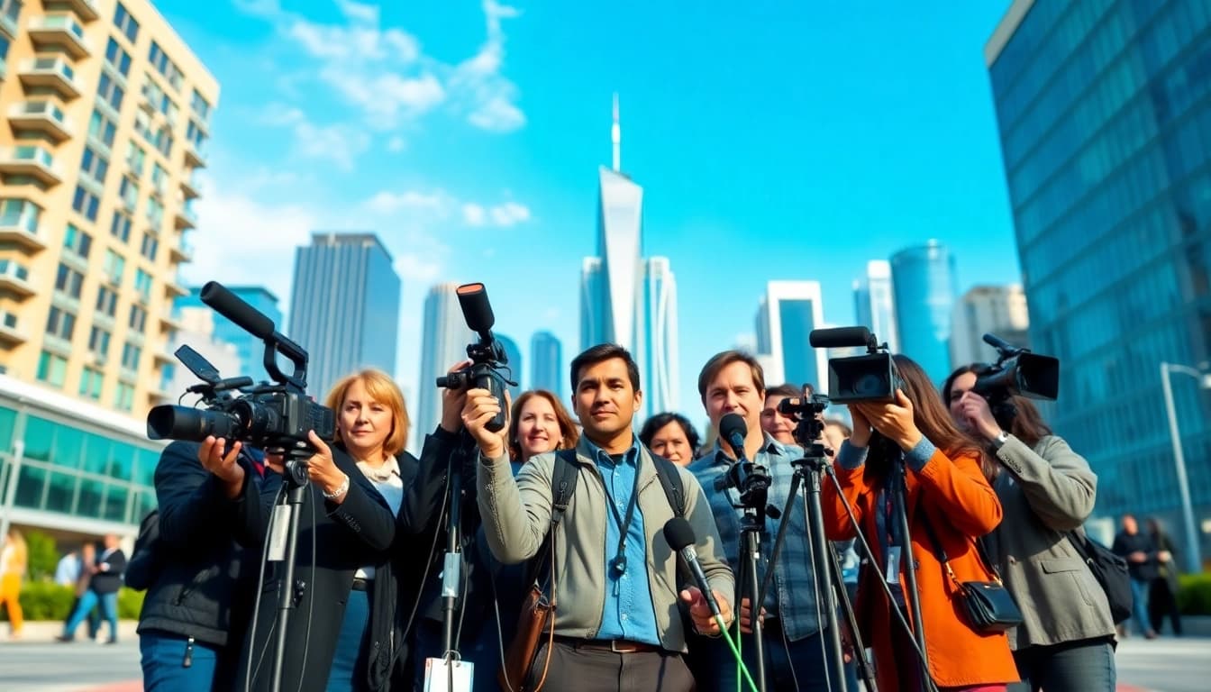 Engaged journalists capturing news stories at https://news-parade.com.ua in a vibrant city setting.