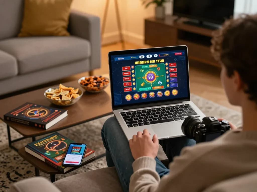 Person enjoying the tv88 online casino experience from home, playing games on a laptop.