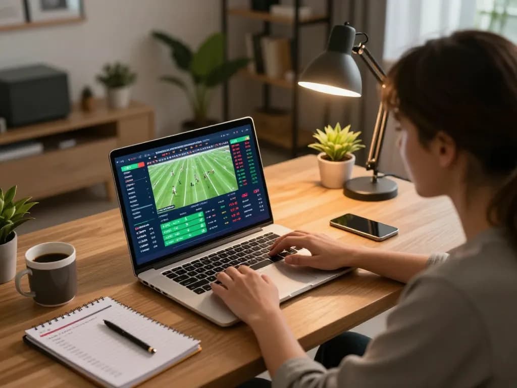Soi Kèo live sports betting on a laptop in a cozy home office environment