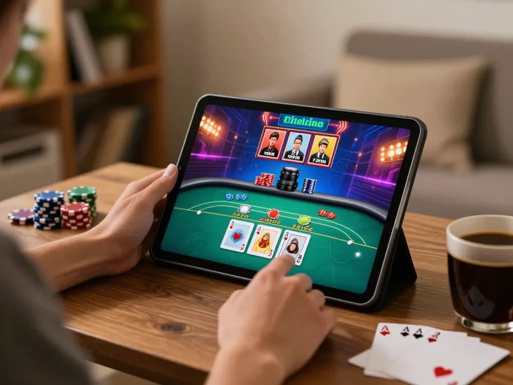 Engaging session of kkwin online gambling with a player using a tablet for poker gameplay