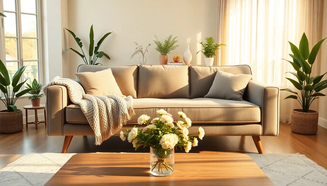 Sofa bed positioned centrally in a cozy living room, adorned with plush pillows.
