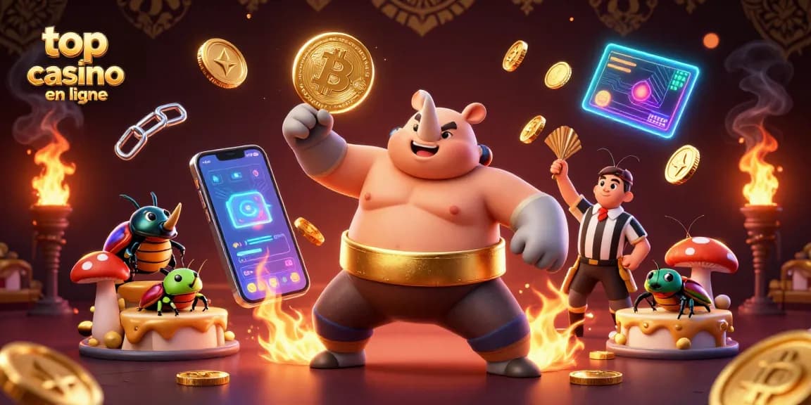 Top casino en ligne : illustration dynamique d'un scorpion sumo champion entouré de pièces d'or et d'éléments crypto