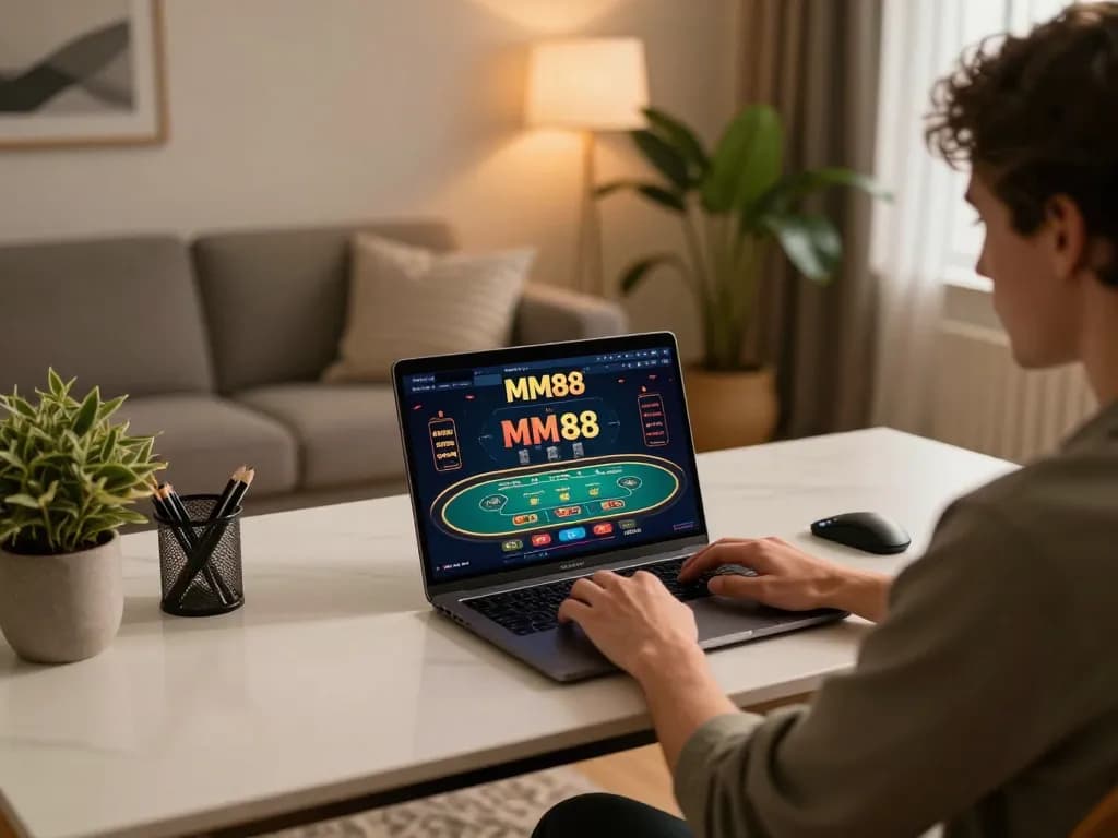 Engaged player using MM88 link for online casino gaming on a laptop in a cozy setting