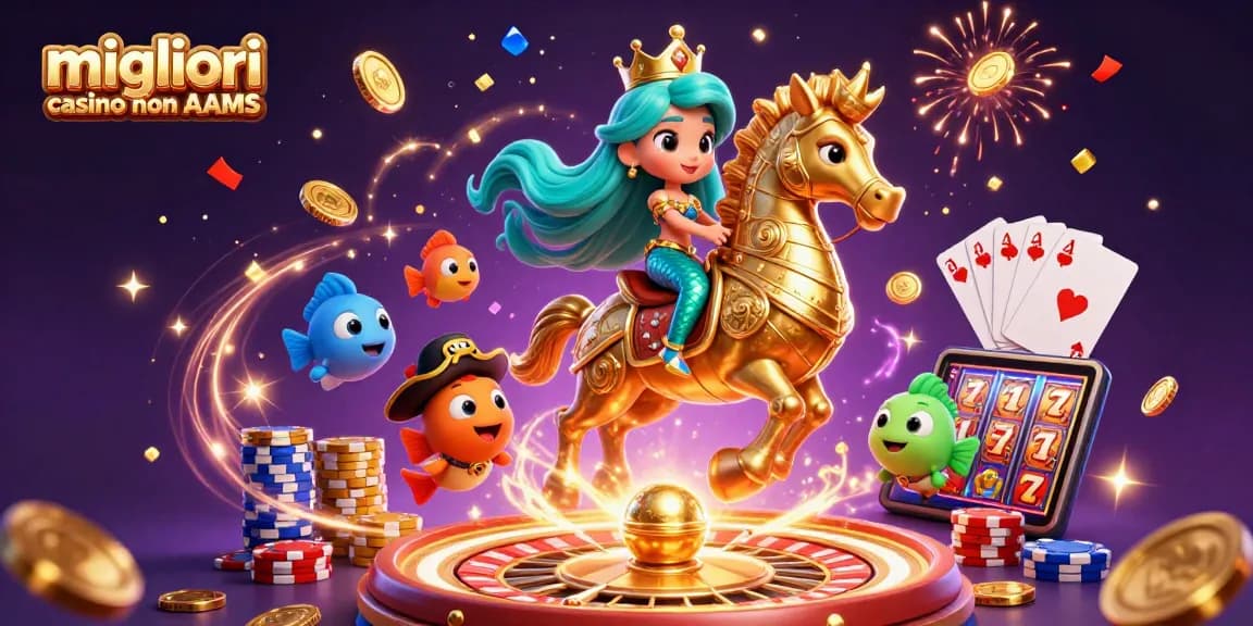 Scopri i migliori casino non AAMS con la nostra illustrazione 3D ricca di elementi da gioco e colori vibranti.