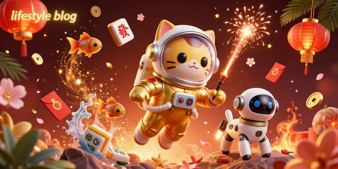 Engage with the vibrant lifestyle blog scene featuring a space astronaut cat and dynamic casino elements.