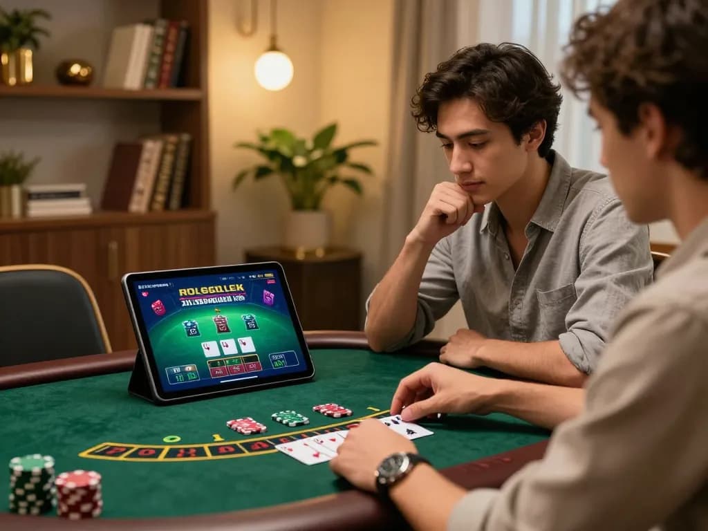 Tại 56win, engaging with a live dealer blackjack game on a tablet in a cozy home setting.