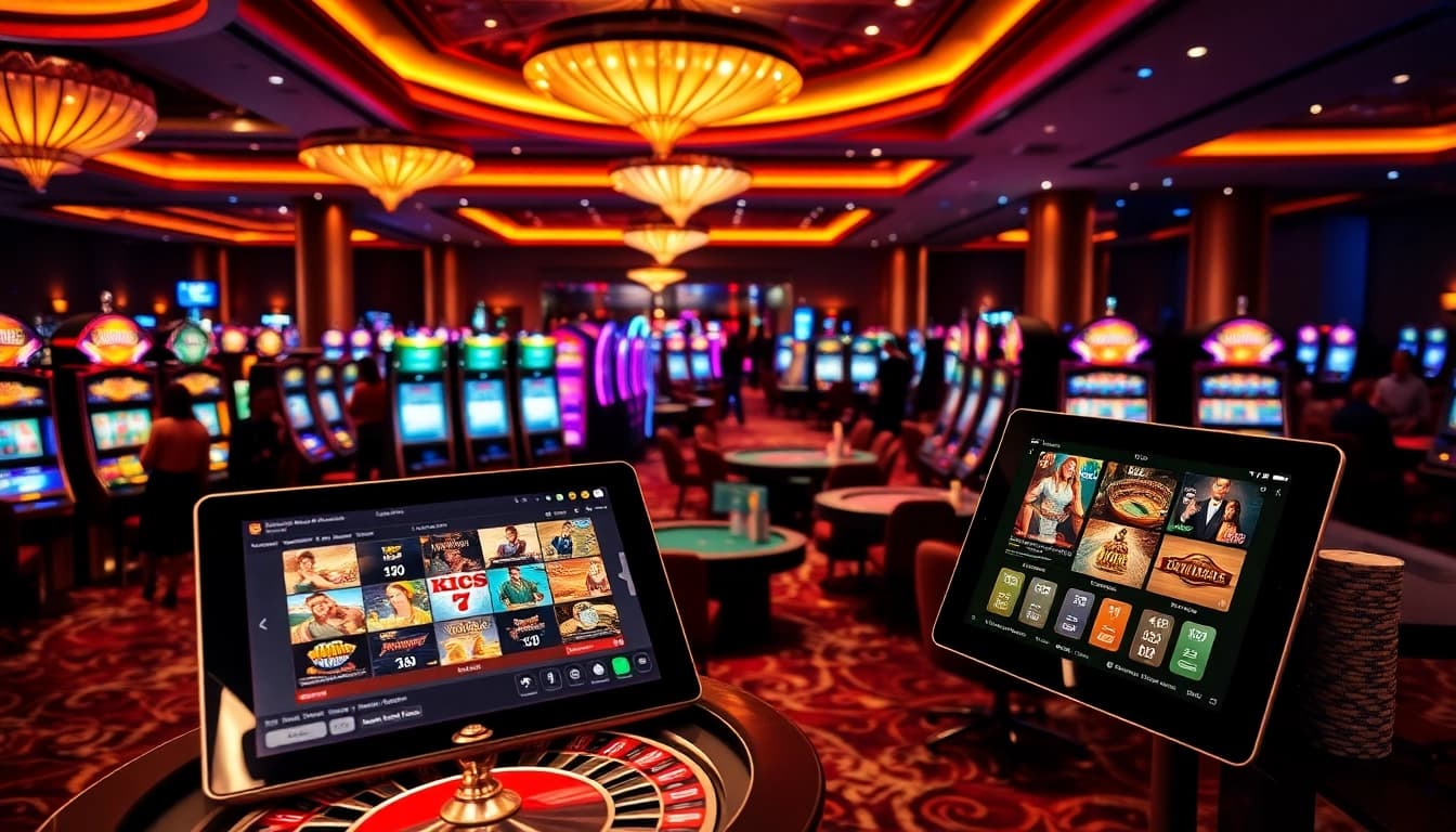 Exciting casino gameplay at Kjc us com with vibrant slot machines and a roulette wheel.