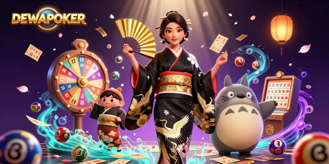 Engage with DEWAPOKER's vibrant lottery action under enchanting elements in a dynamic casino scene.