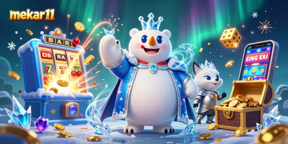 Mekar11 showcases a vibrant casino scene with polar bear royalty and explosive jackpots.