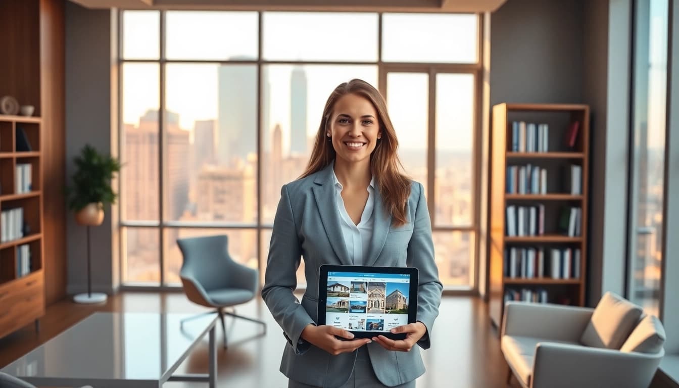 Real Estate agent engaging with clients in a professional office environment.