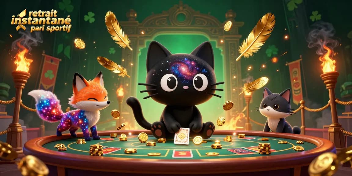 Retrait instantané paris sportif : un chat noir en trou de ver attire des jetons d'or à une table de casino cosmique.