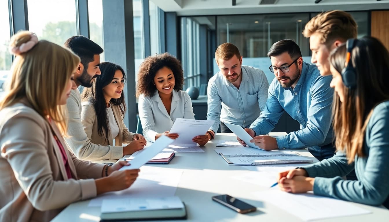 Individuals engaged in Proposal Writing and Management collaboration in a bright office.