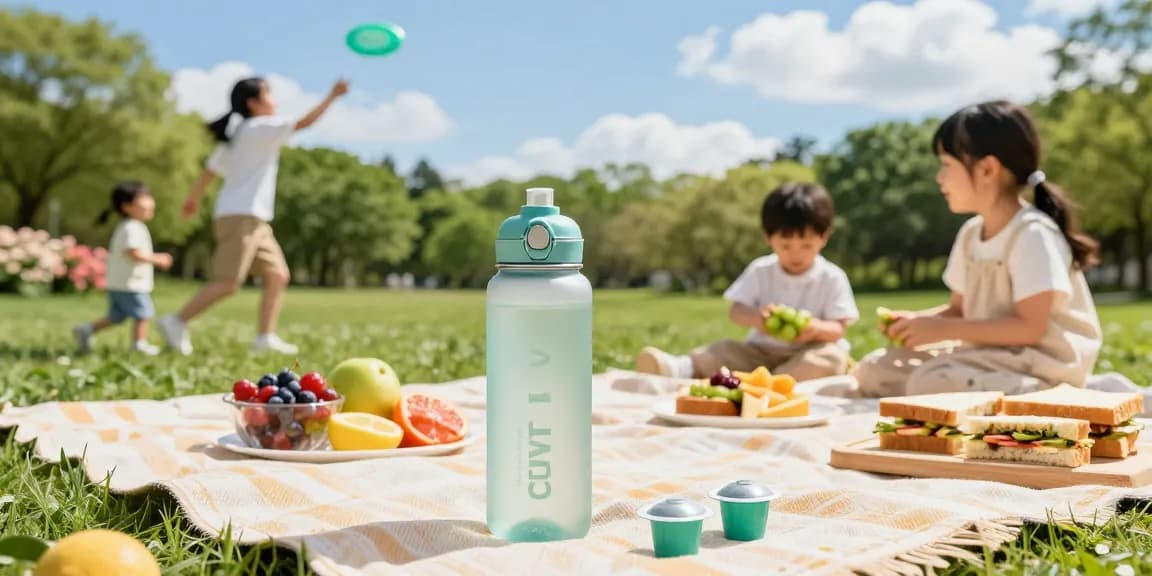 Refreshing scene of a family enjoying flavored hydration with a water bottle with pods.