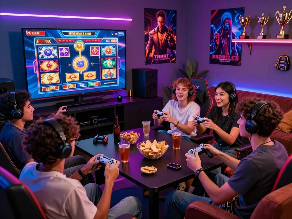 Situs slot gacor gaming scene with friends playing online slots in an exciting atmosphere.