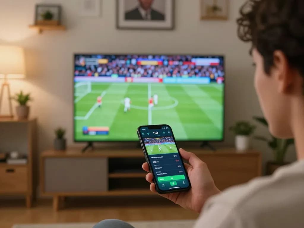 Engaged user placing sports bets on u888 app during live football match at home.