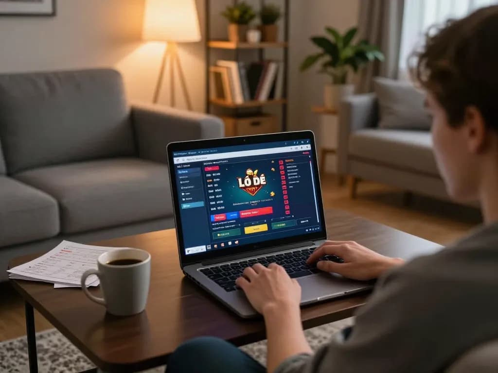 Lô đề online gaming setup at home, player engaging with laptop, cozy atmosphere, strategic betting notes.