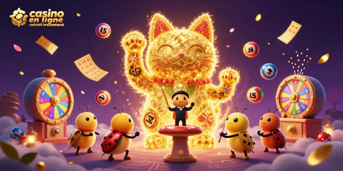 Vivez l'expérience du casino en ligne retrait instantané avec des feux follets dorés et un chat porte-bonheur.