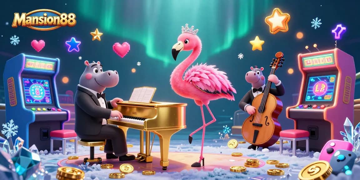 Mansion88 ignites excitement with a vibrant illustration featuring a flamingo singer, hippo bassist, and colorful gaming elements.