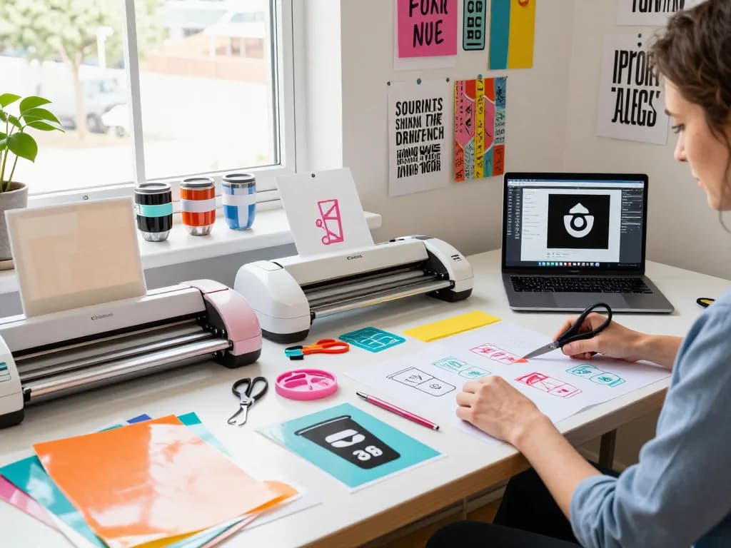 Craft designer creating SVG bundle tumbler designs in a vibrant studio.